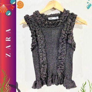 Zara Grey Sleeveless Ruffle Sweater – A Touch of Modern Vintage Sparkle